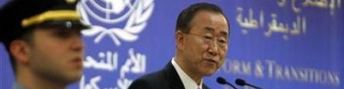 United Nations Secretary-General Ban Ki-moon speaks during the Reform and Transitions to Democracy conference in Beirut
